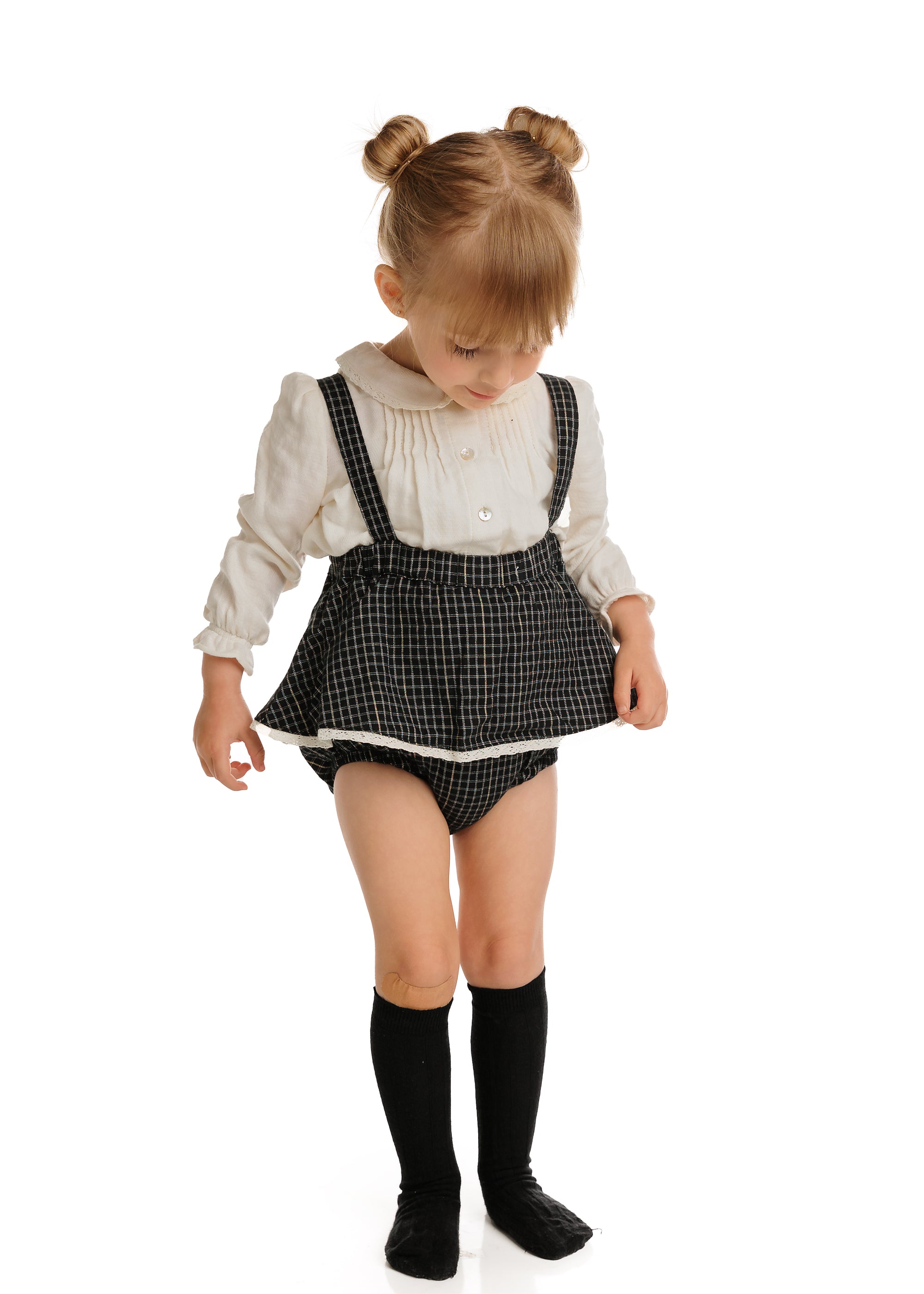 Black, Ivory, and Gold Grid Ruffle Suspender Bloomer