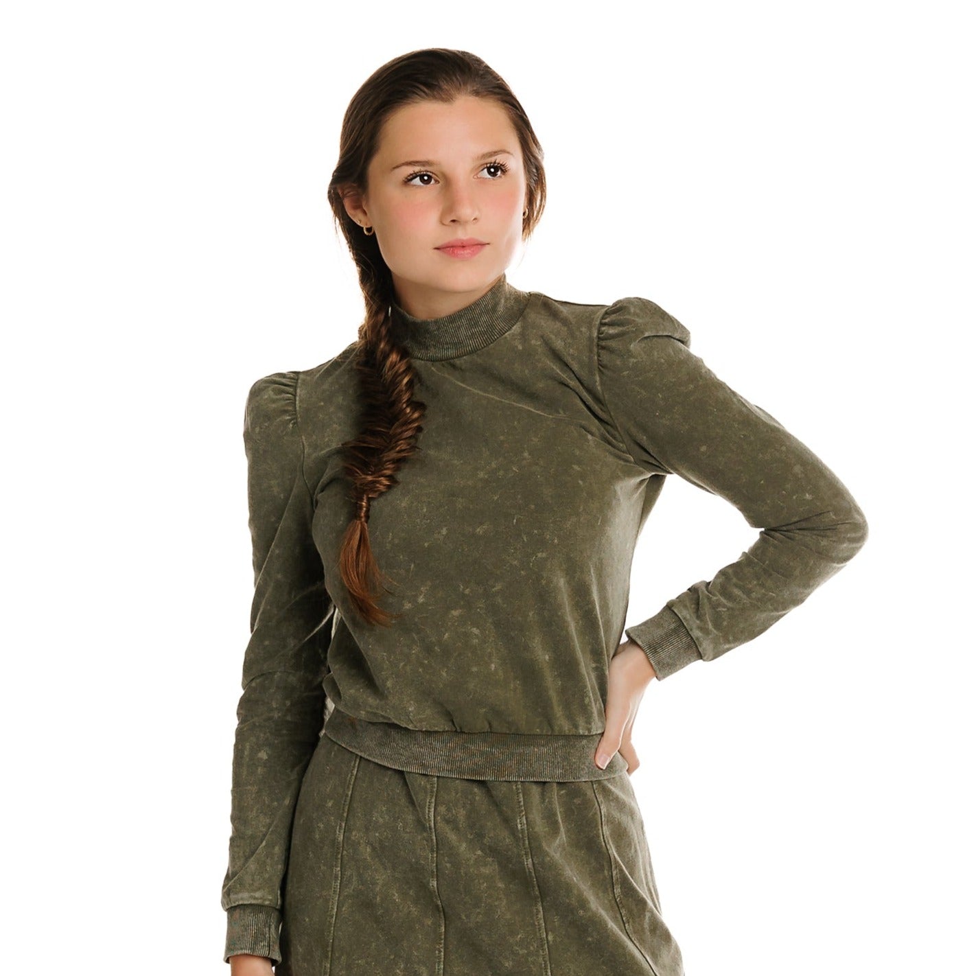 Green Wash Cropped Mock Neck With Puff Sleeves