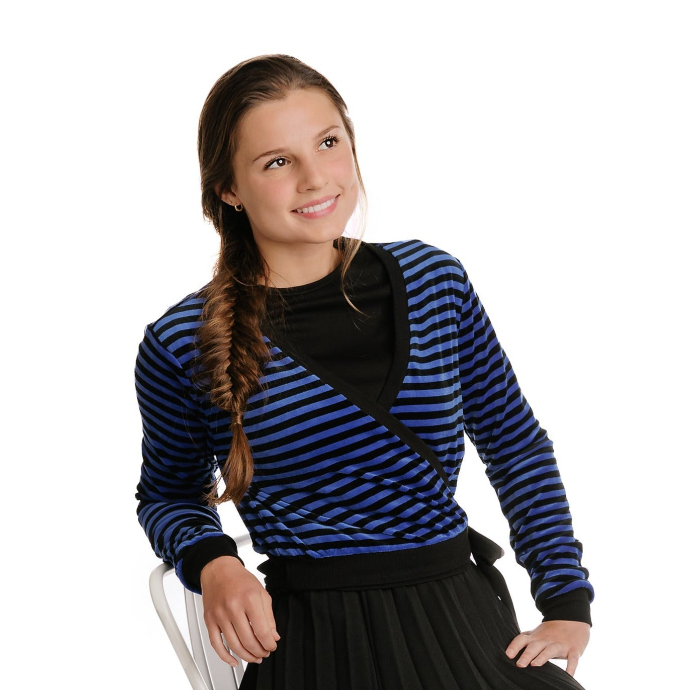 Royal Blue and Black Striped Velour Wrap Top