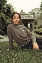 Teens Taupe Knit Turtleneck with Ivory Contrast Stitching