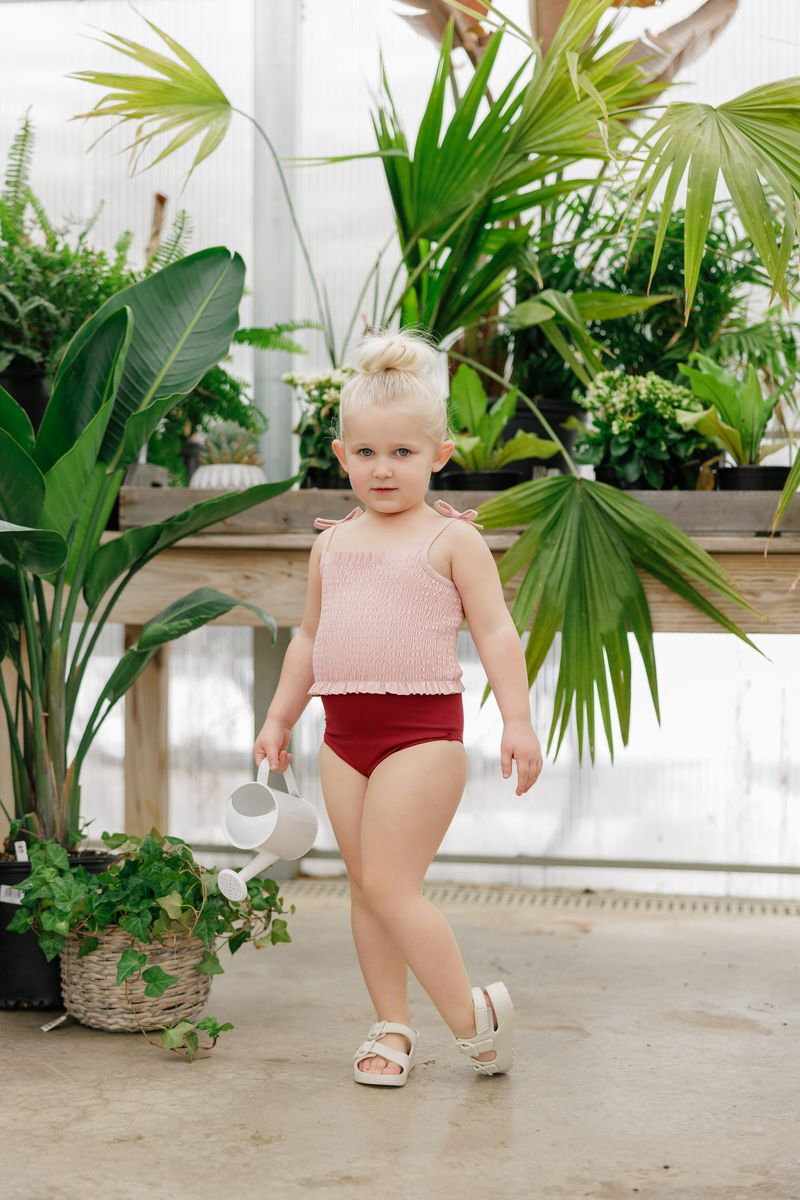 Girls Burgundy & Pink Swim Suit