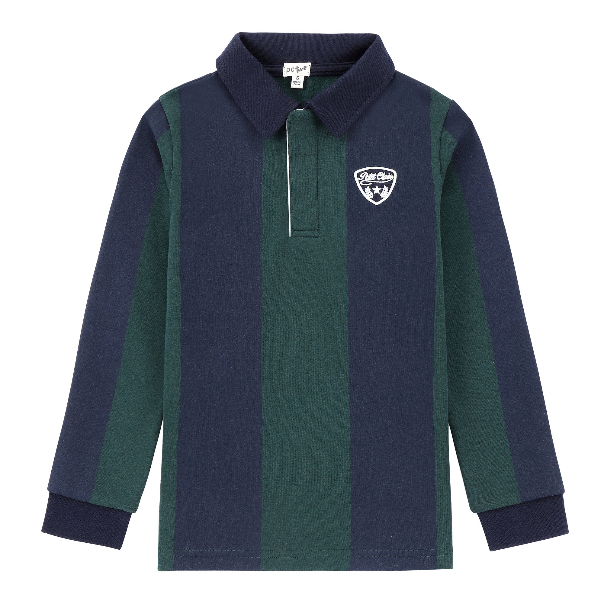 Boys Green Stripe Polo with Black Denim Collar