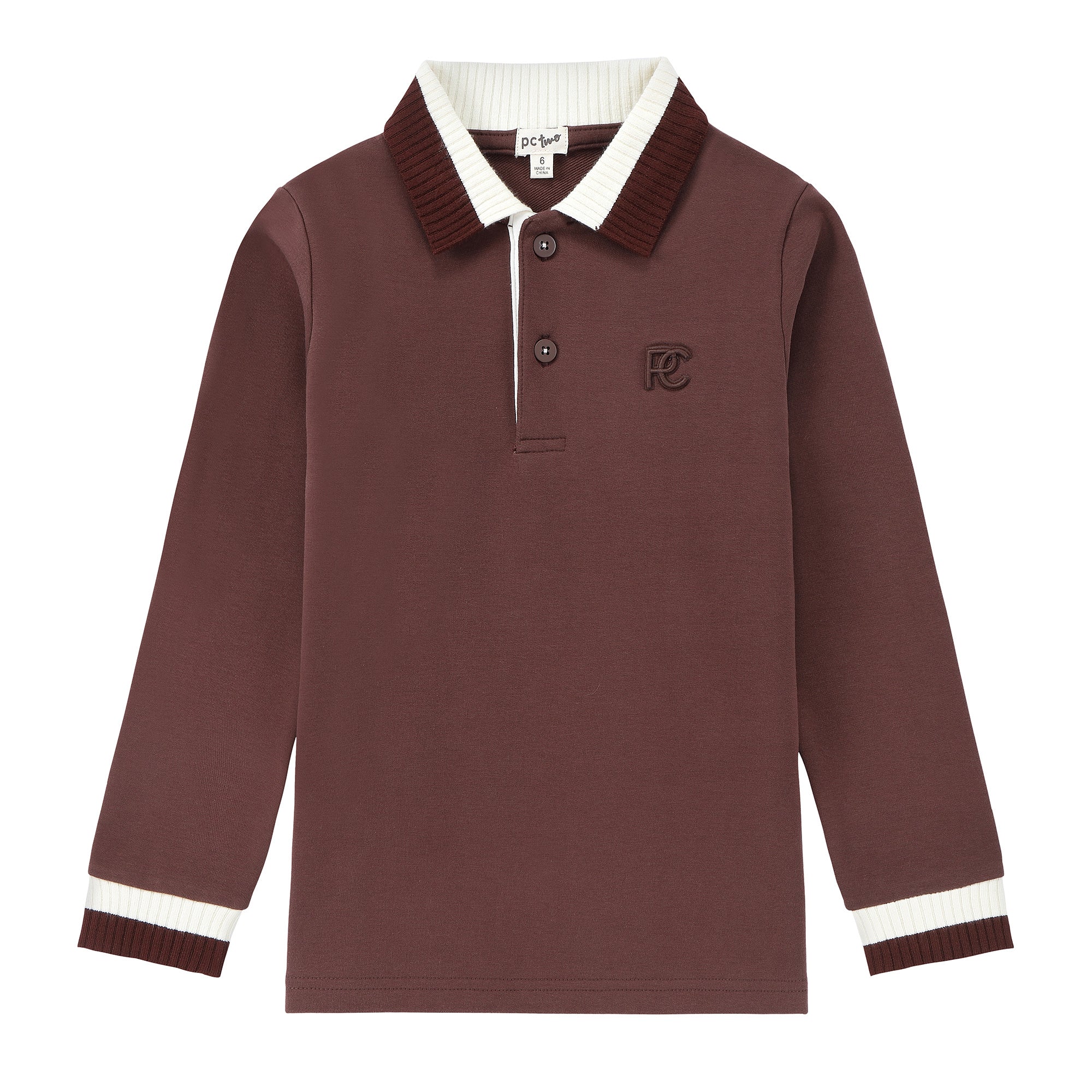 Boys Brown Polo with Brown & White Ribbed Knit Trim