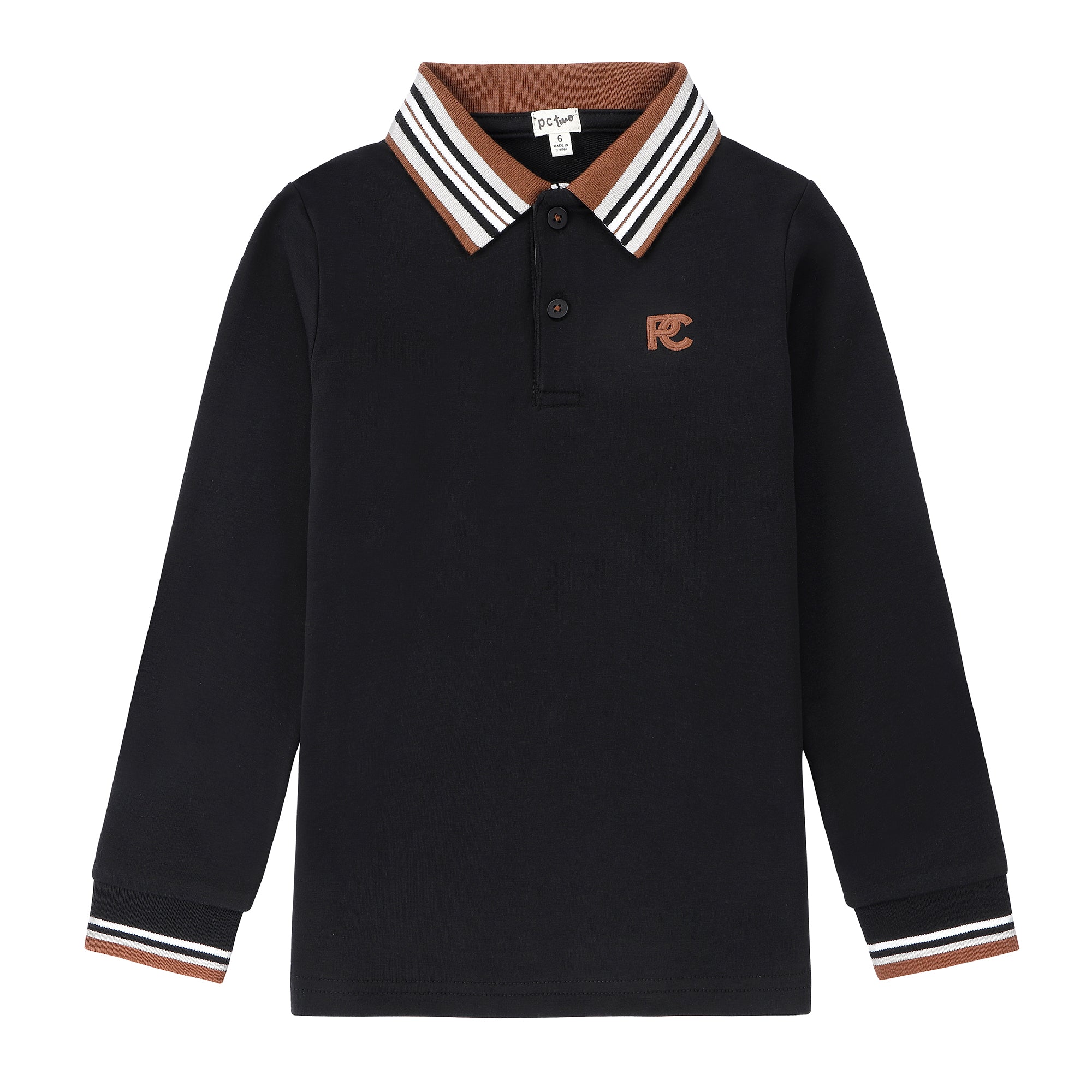 Boys Black Polo with Cognac & White Striped Trim