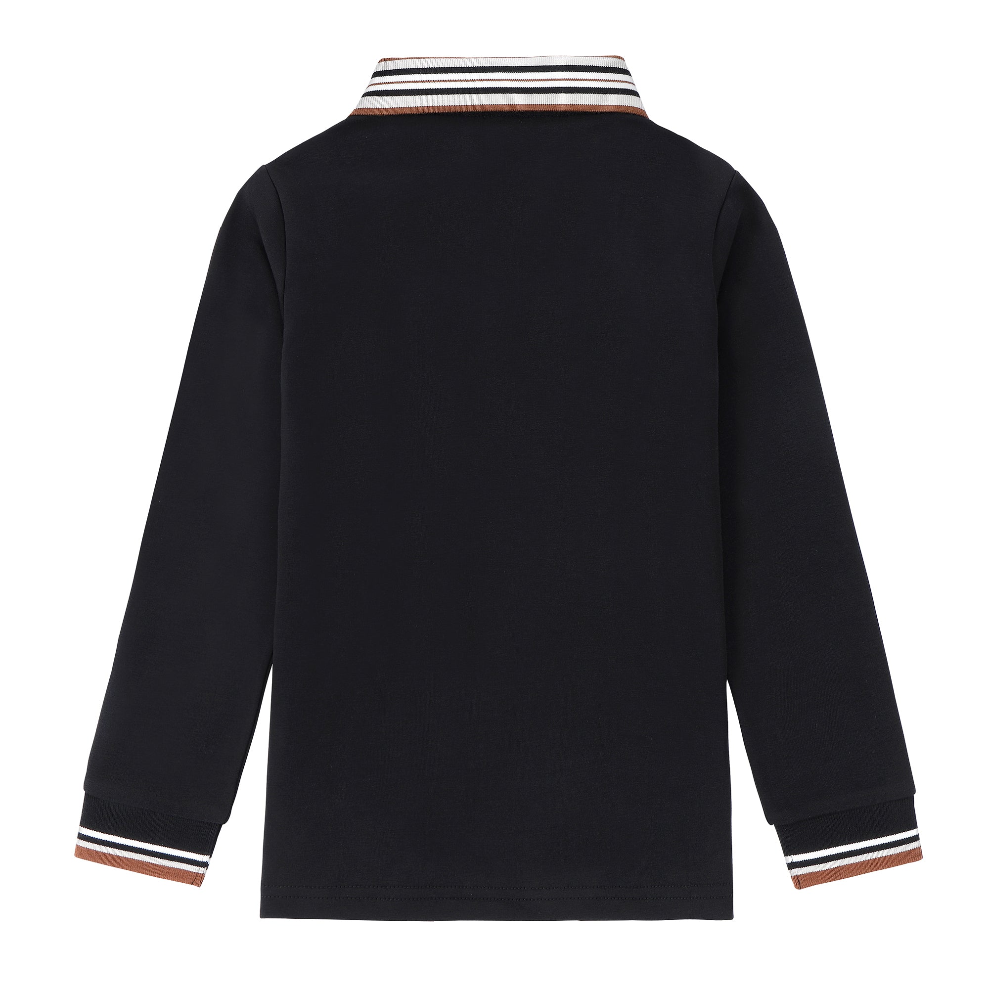 Boys Black Polo with Cognac & White Striped Trim