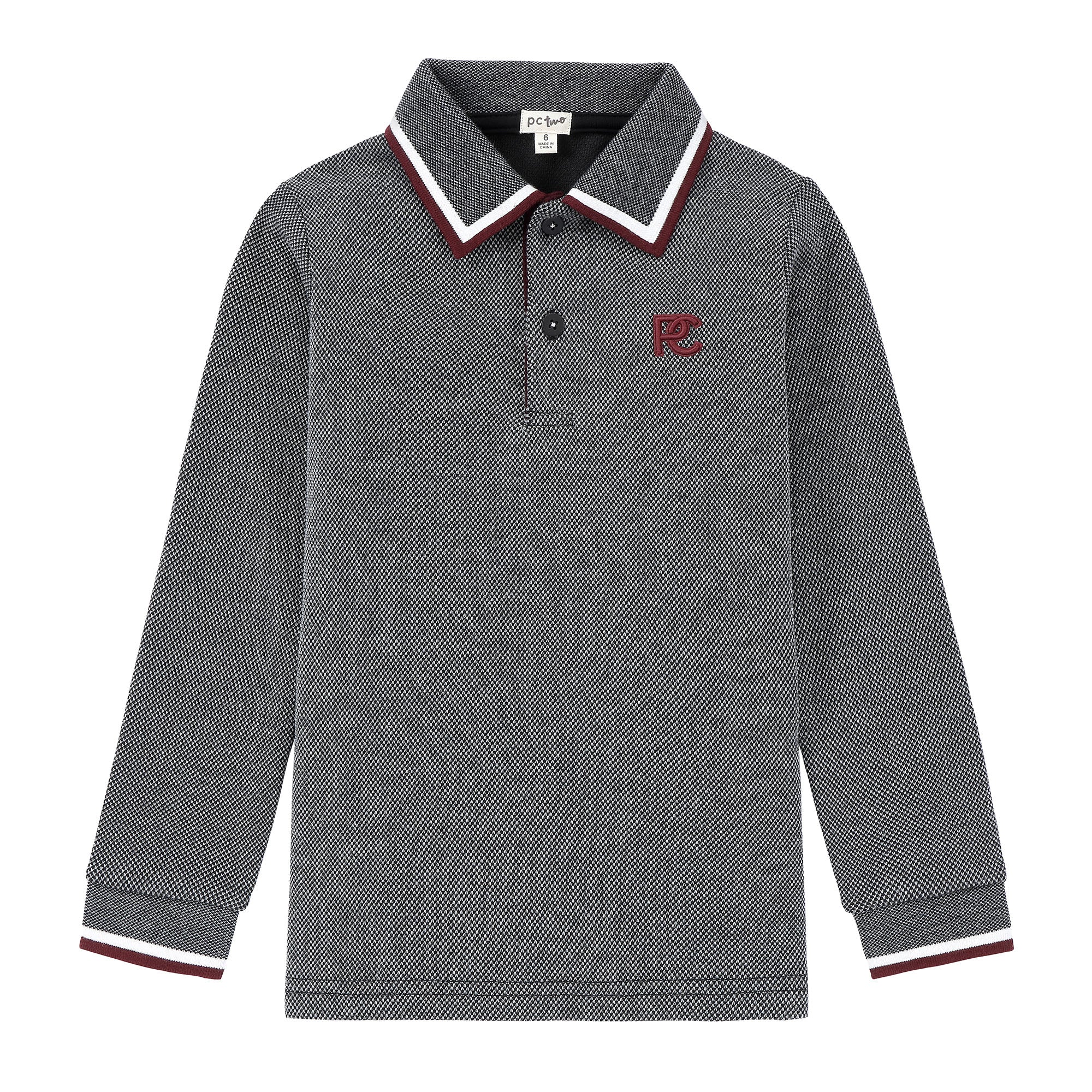 Boys Textured Grey Polo with Burgundy & White Trim
