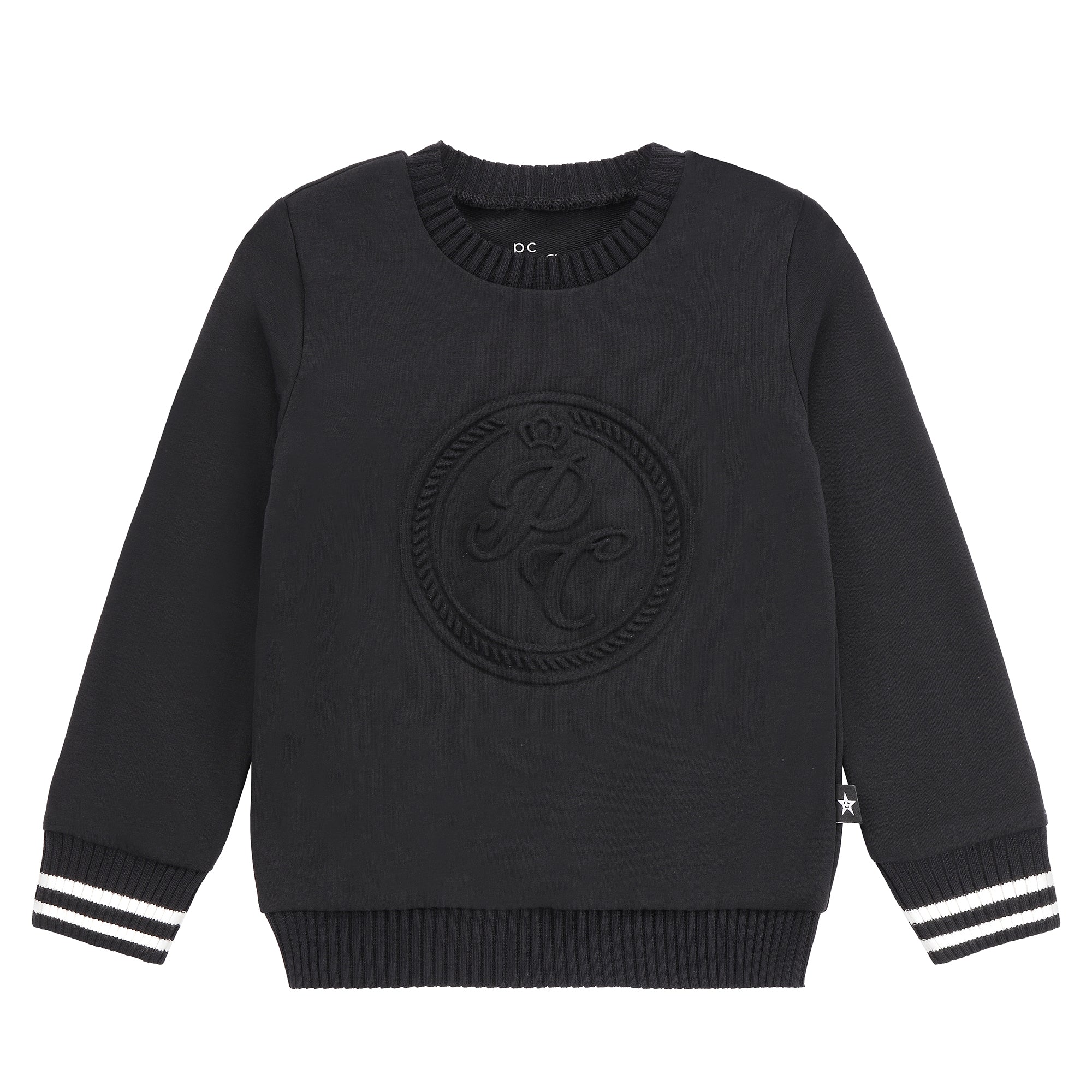 Boys Black PC Logo Sweatshirt with White Stripe Trim