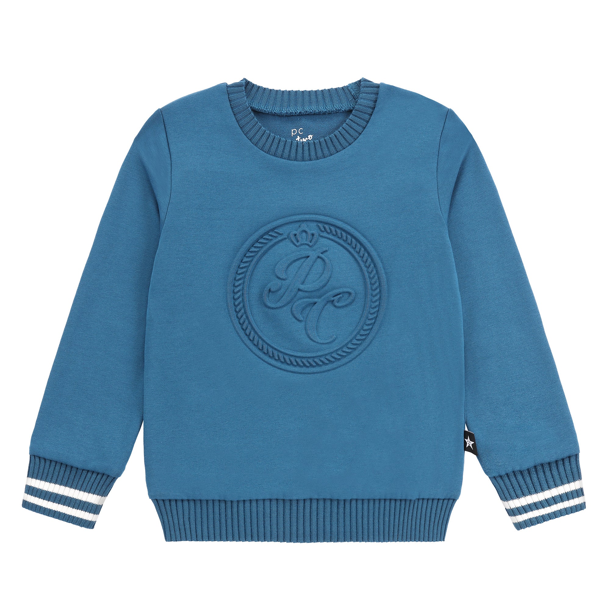 Boys Blue PC Logo Sweatshirt with White Stripe Trim