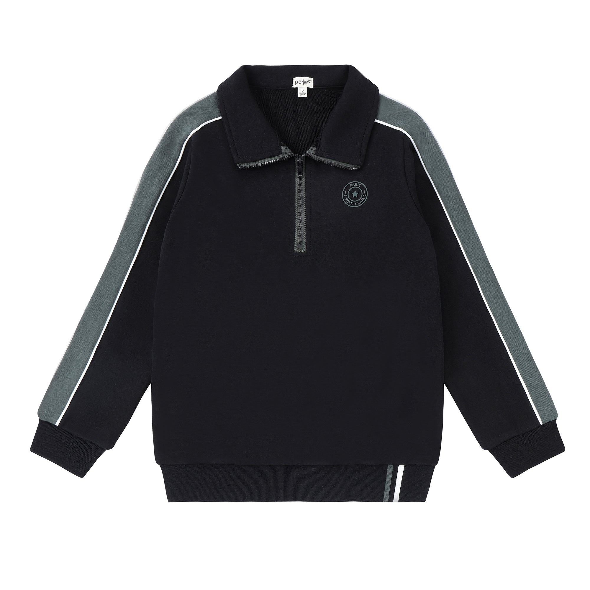 Boys Black Zip-Up Collar Sweatshirt with Sage Green Contrast Sleeves