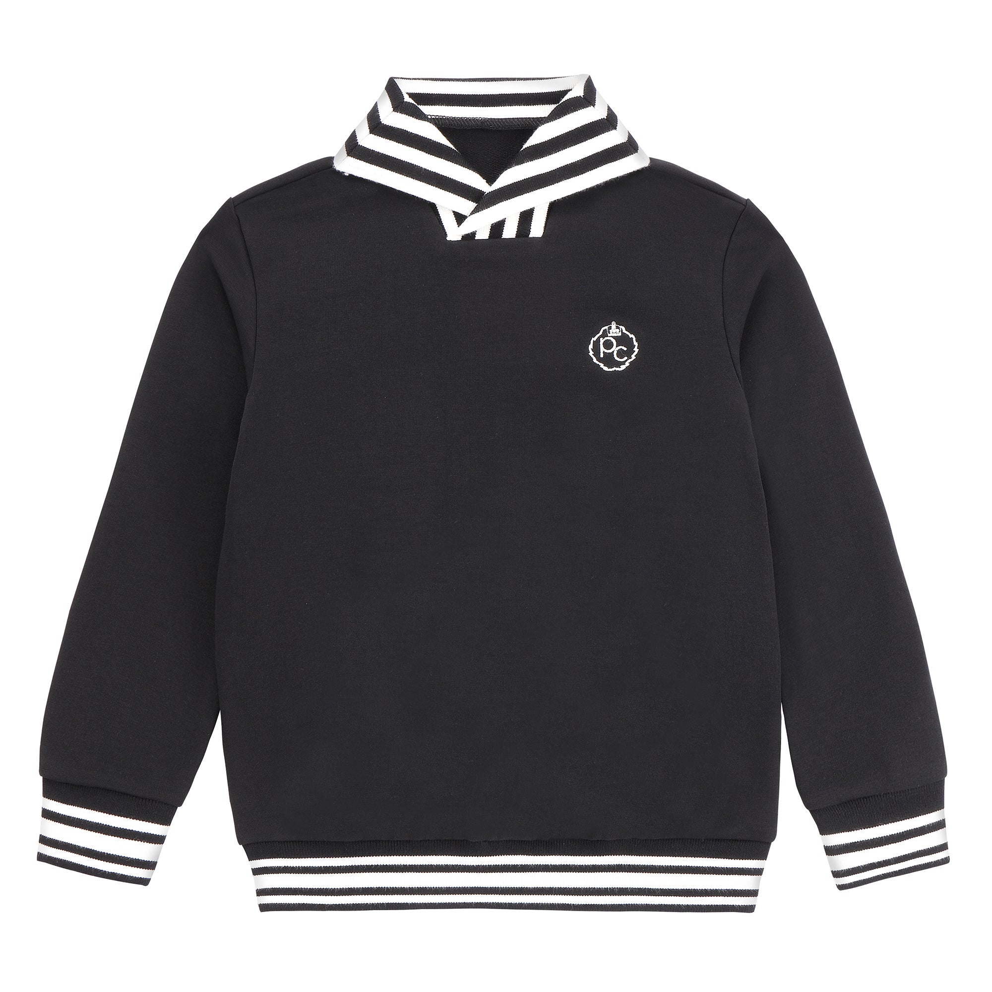 Boys Black V-Neck Sweatshirt with White Stripe Trim