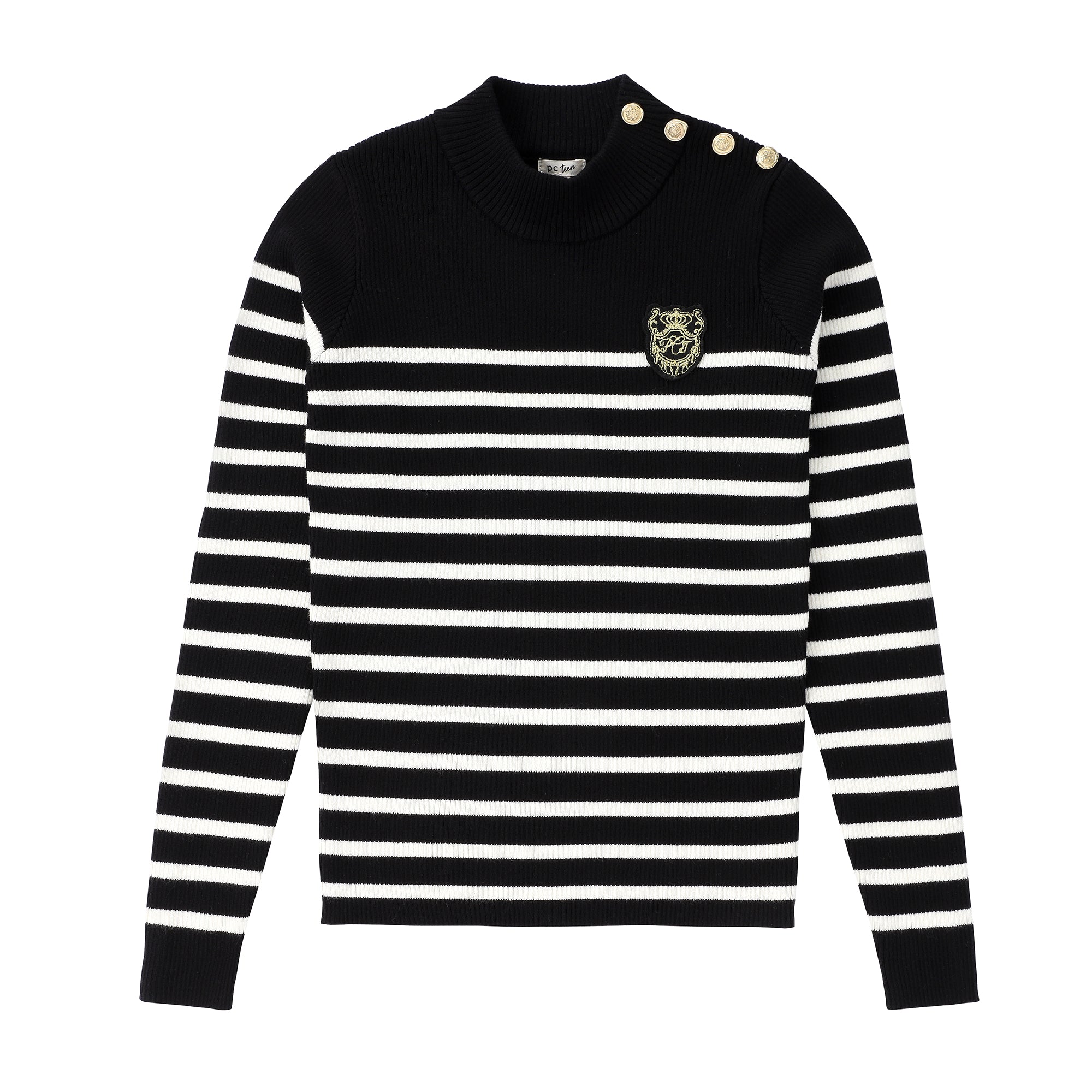 Teens Black & White Stripe Ribbed Knit Sweater with Button Detail