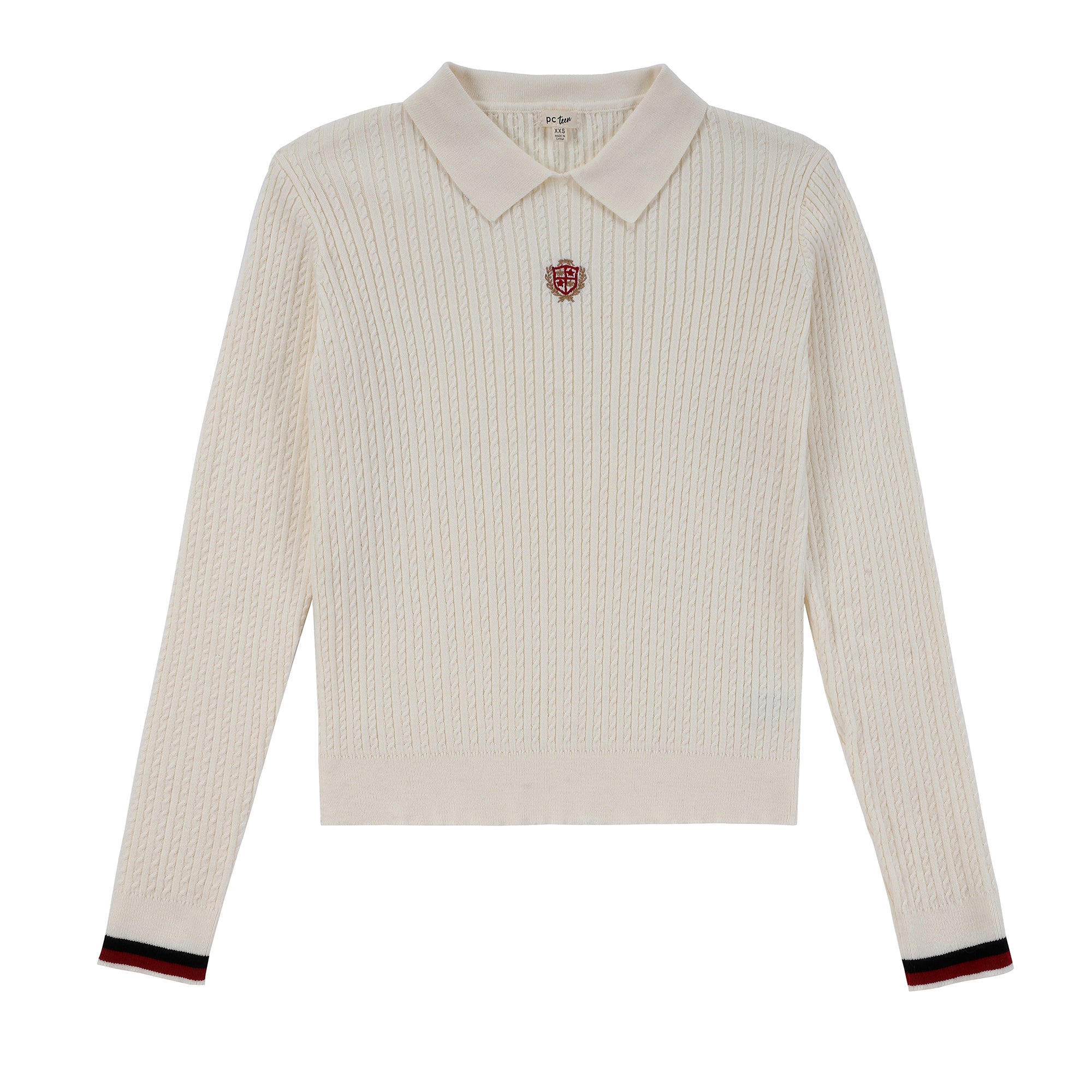 Teens Ivory Cable Ribbed Cable Knit Sweater with Red & Black Trim
