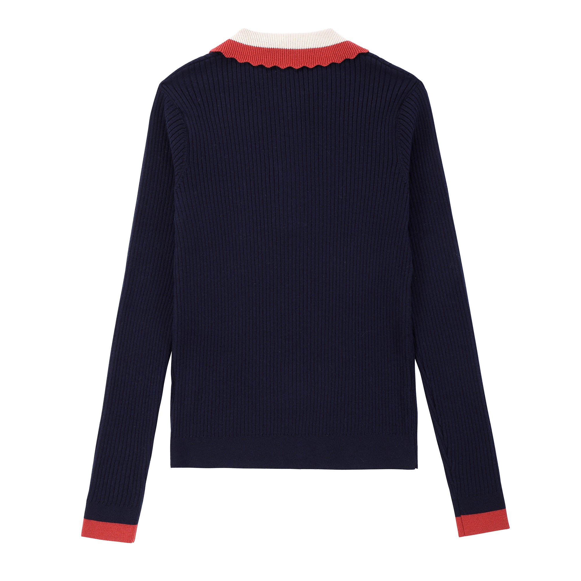 Teens Navy Knit Sweater with Red & Ivory Scalloped Collar