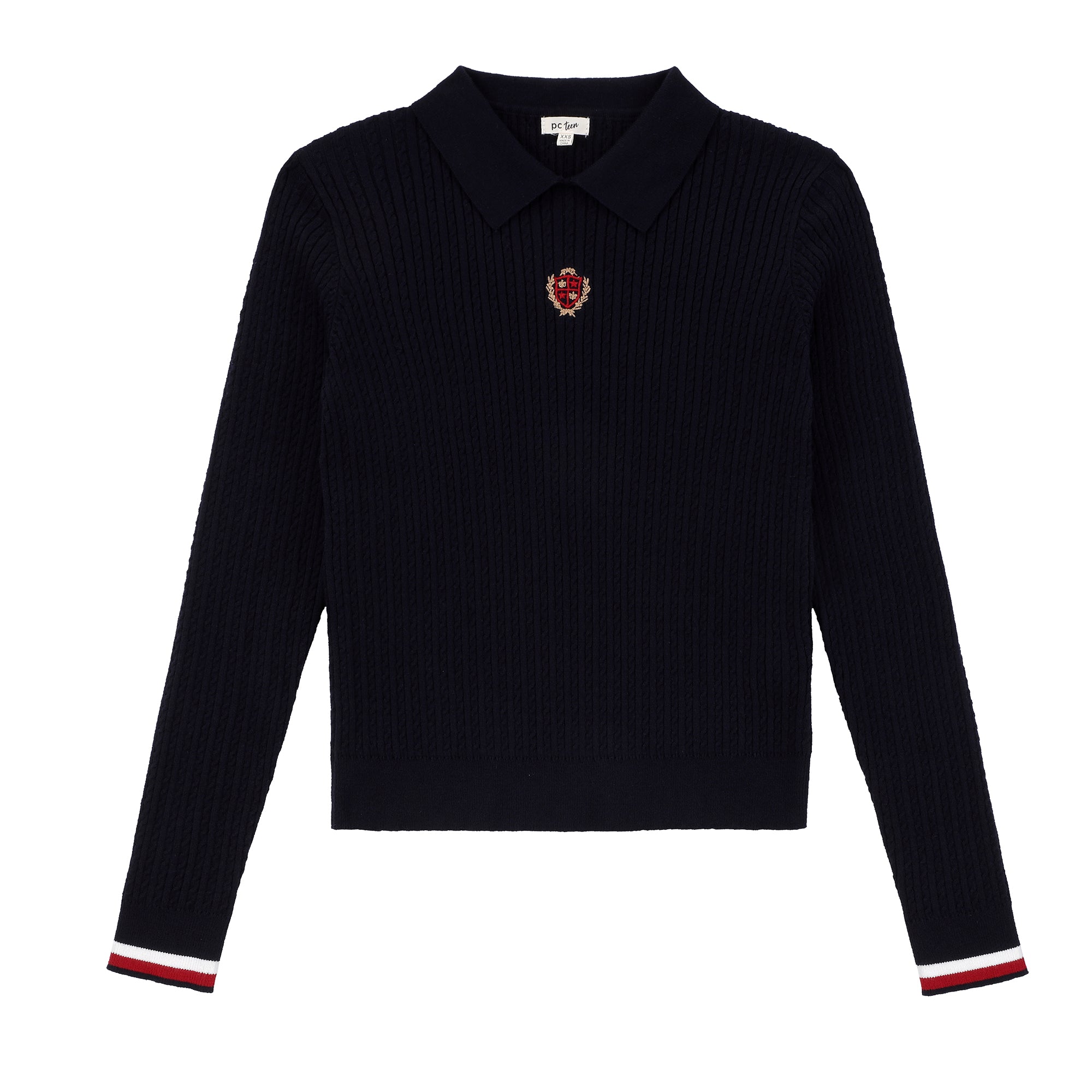 Teens Navy Cable Ribbed Cable Knit Sweater with Red & White Trim