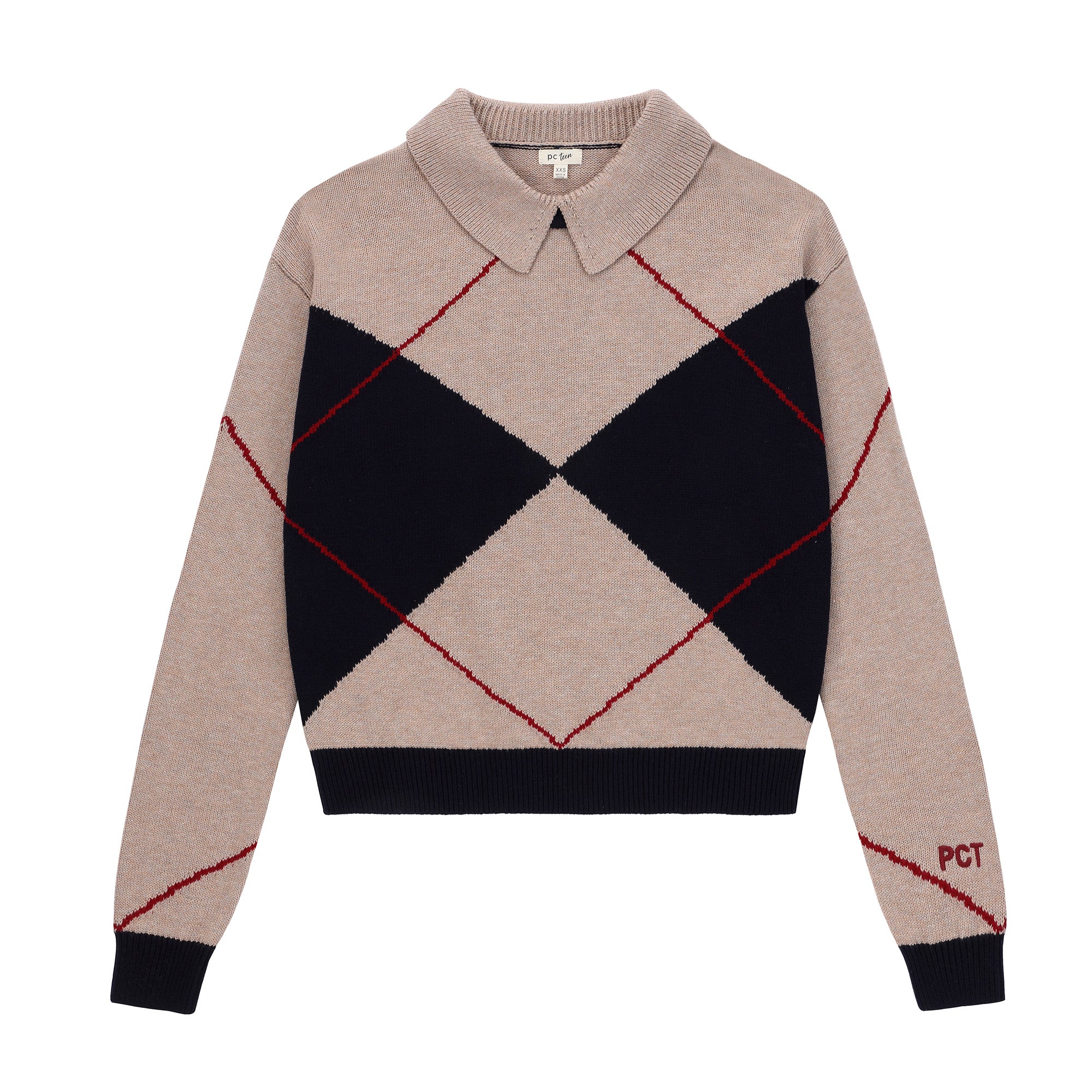 Teens Navy Argyle Collared Knit Sweater with Black Trim