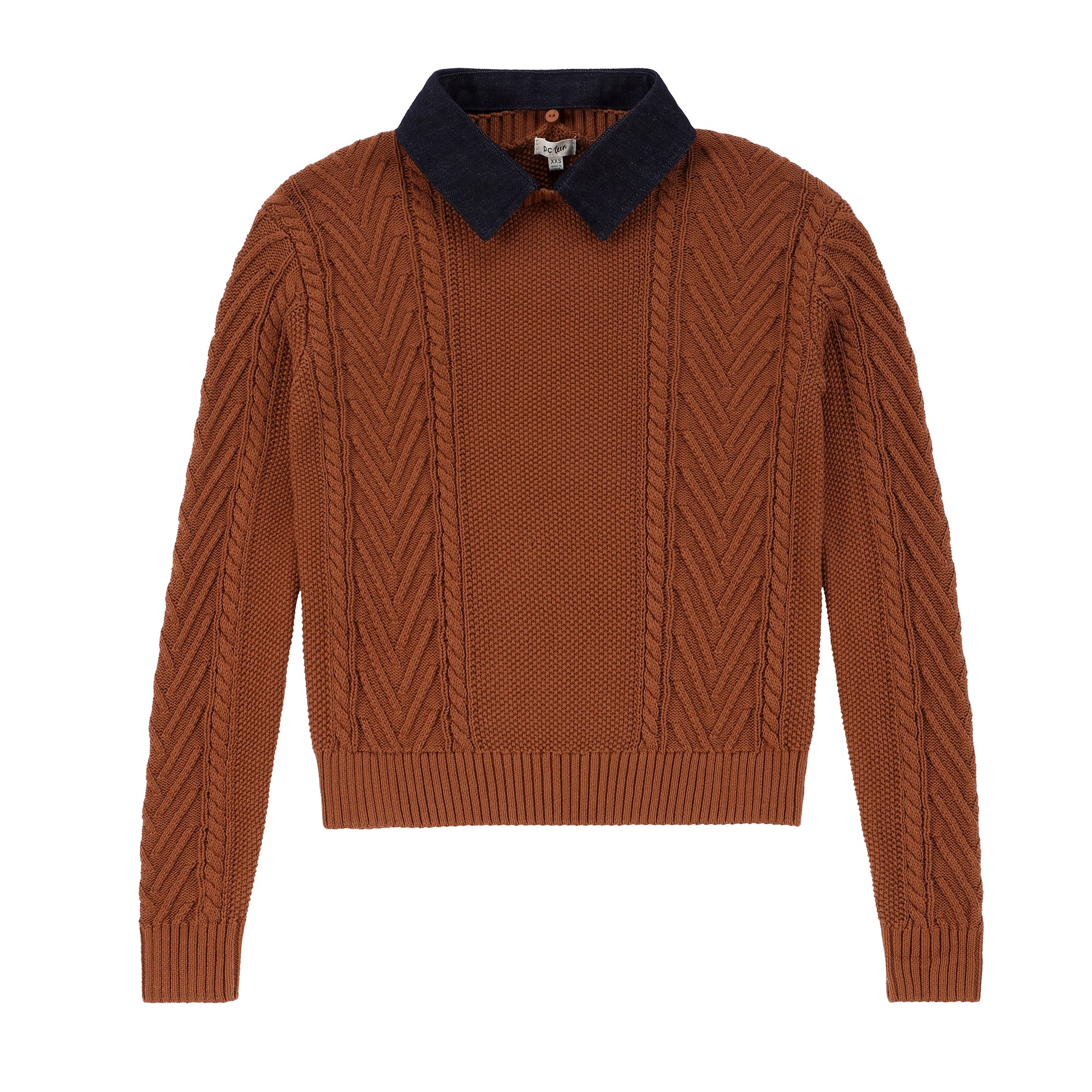 Teens Cognac Knit Sweater with Removable Denim Collar