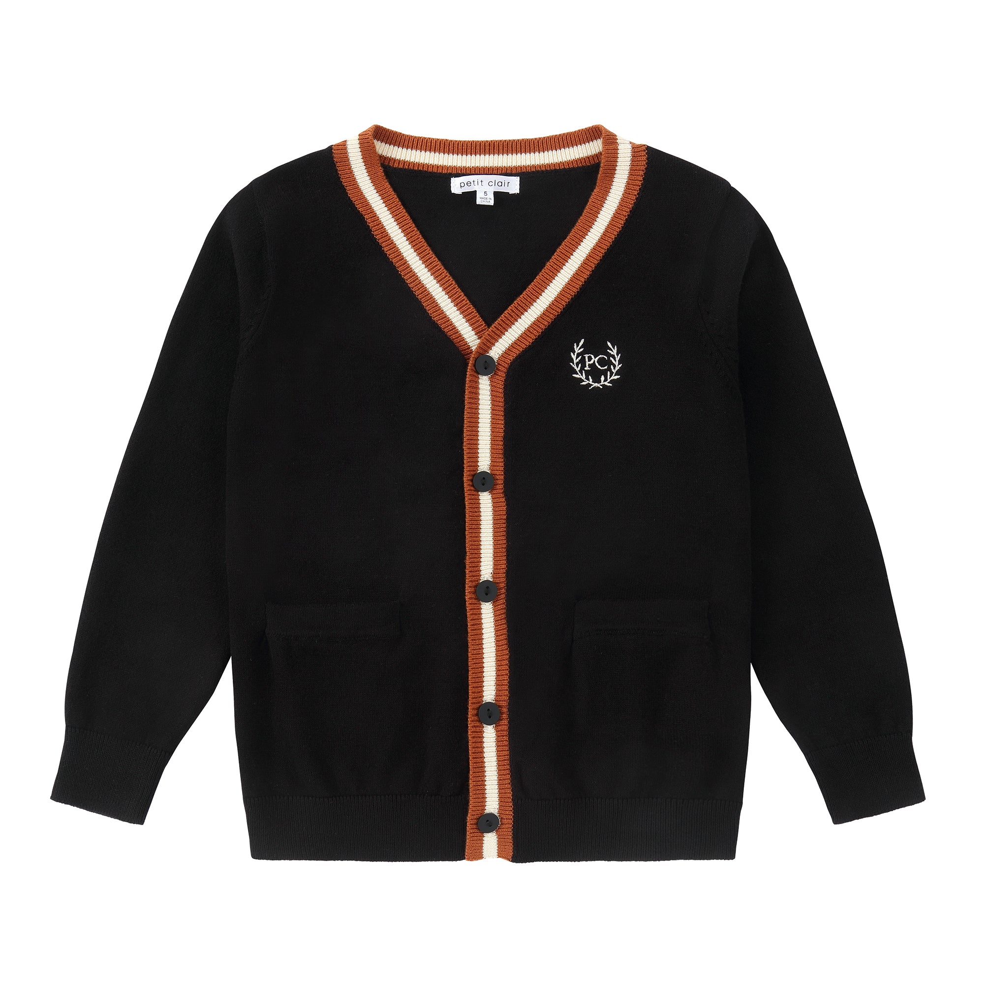 Boys Black Cardigan with Brown & White Contrast – Petit Clair