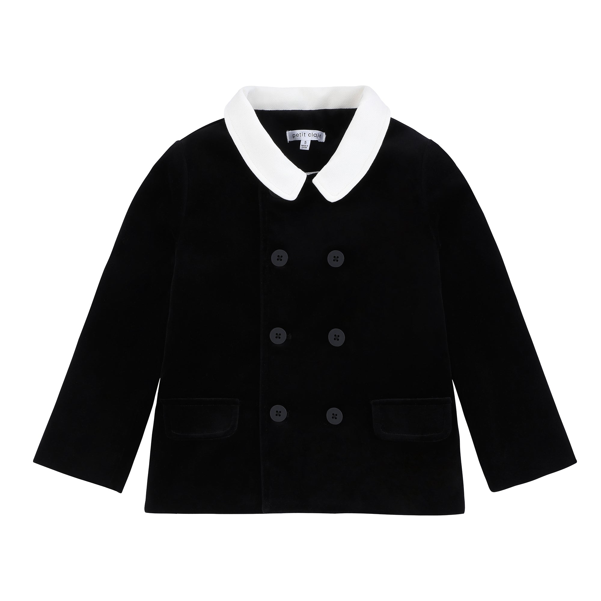 Boys Black Velvet Double Breasted Blazer with White Collar