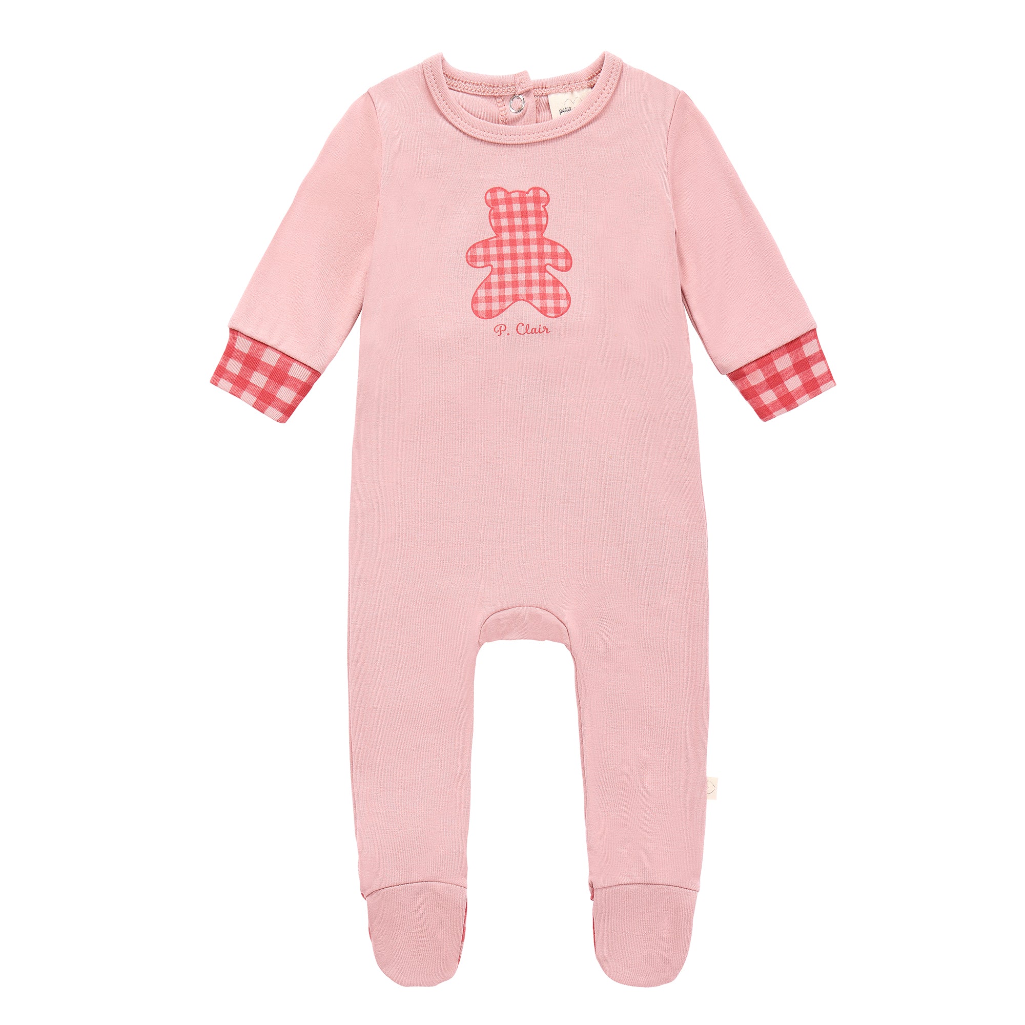 Baby Girls Pink Bear Checkered Footsie