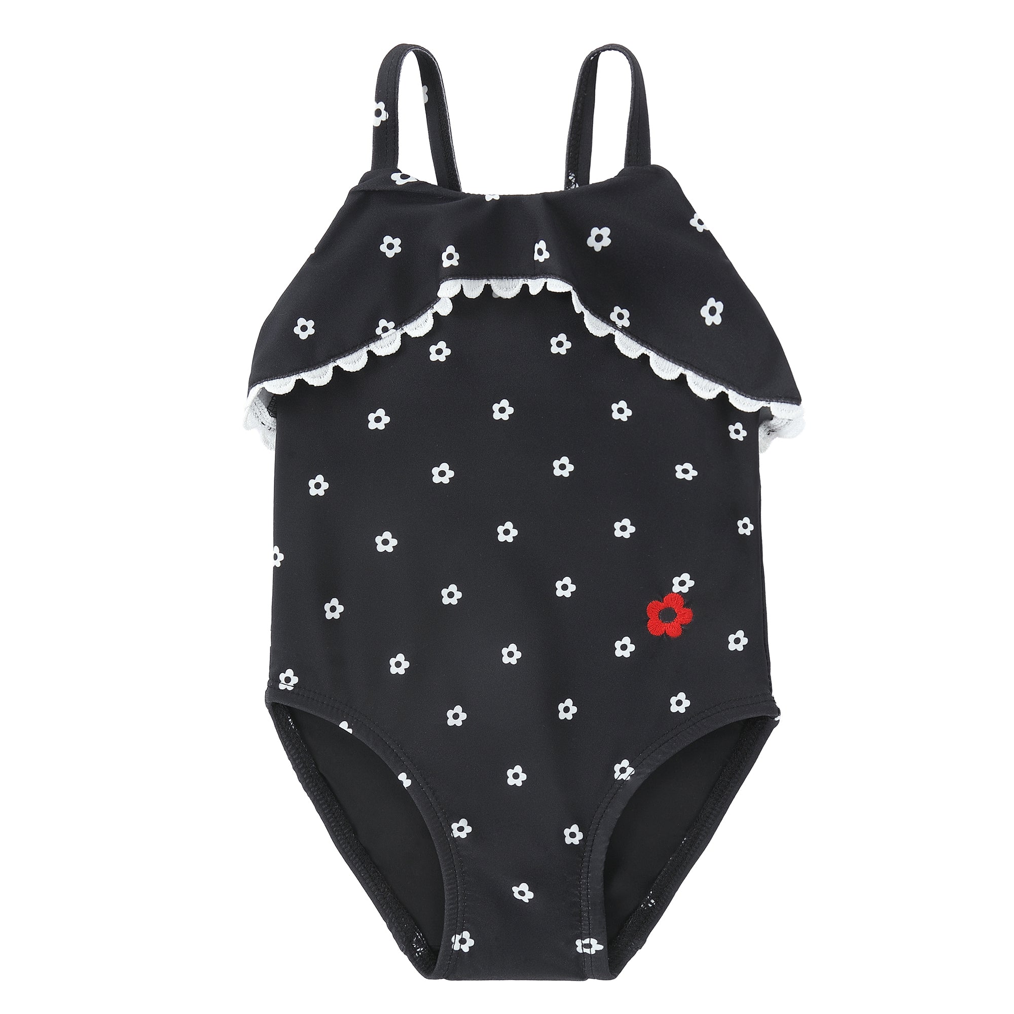 Girls Black Floral Print Swim Suit