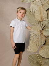 Boys White Manderin Shirt with Black & Ivory Trim